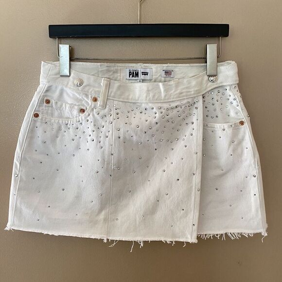 Re/done & PAM Levis White Denim Crystal Denim Wrap Mini Skirt NWT Sz 25 $495 - Picture 7 of 12